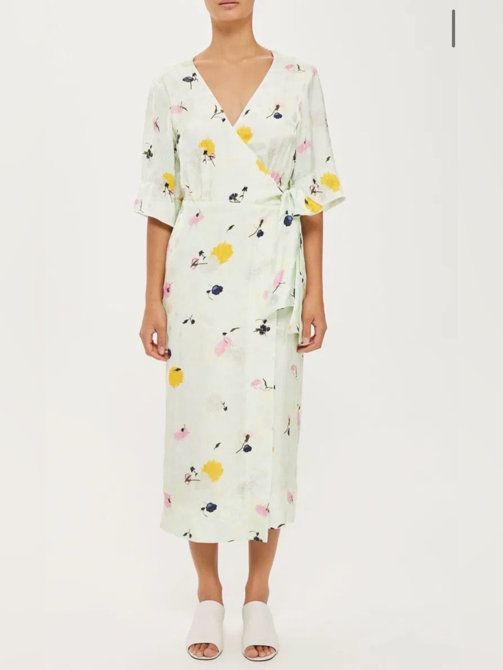 TopShop Mint Floral Wrap Midi Dress with Pink & Yellow Blooms